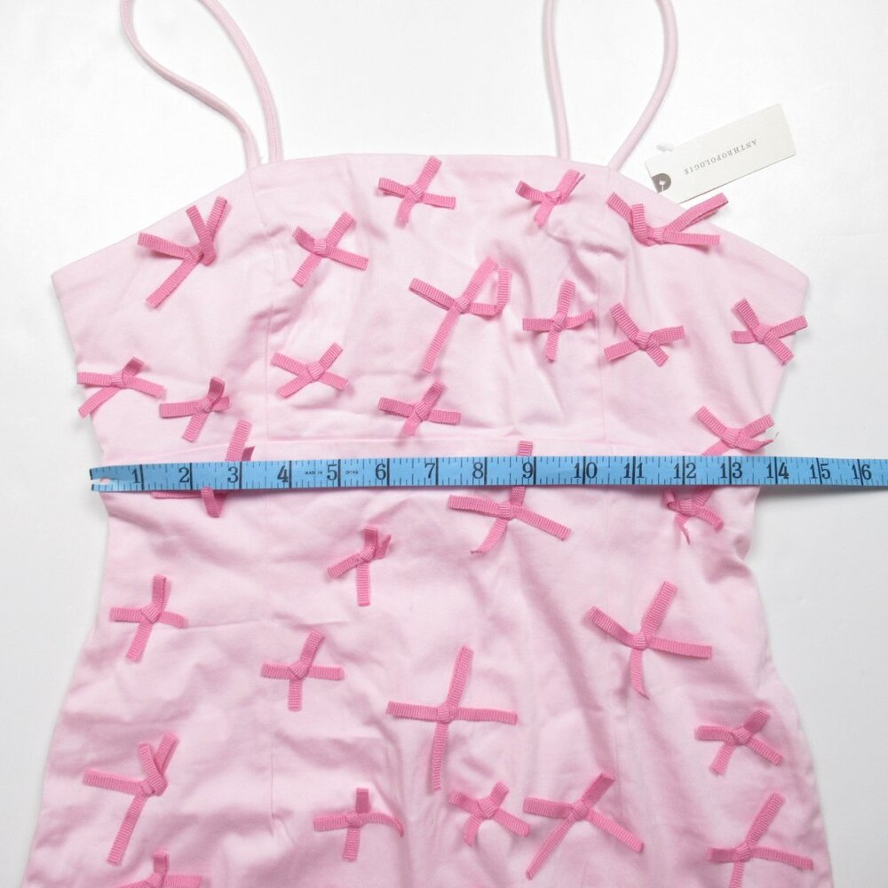Anthropologie Maeve Brynne Clueless 3-D Pink Bow Spaghetti-Strap Mini Dress 4 - Picture 7 of 11